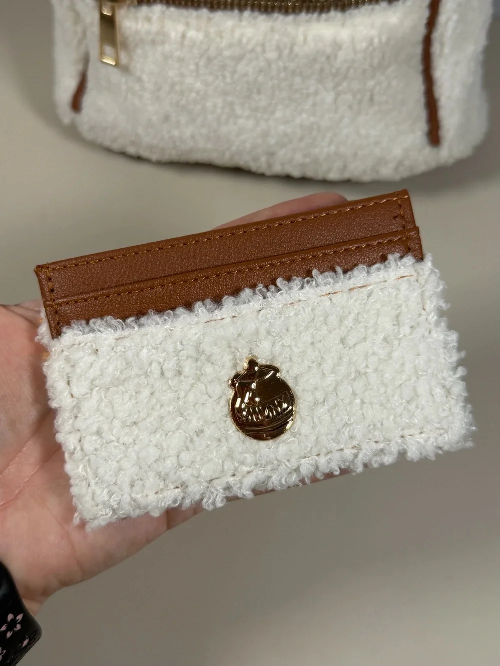 Disney Cream Sherpa Backpack and Card Wallet with Brown Trim